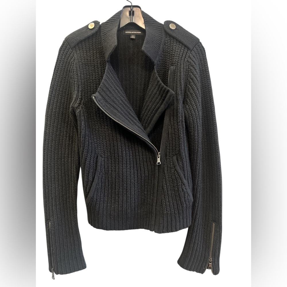 Express Black Utility Chunky Knit SweaterJacket Wool Blend Size Medium